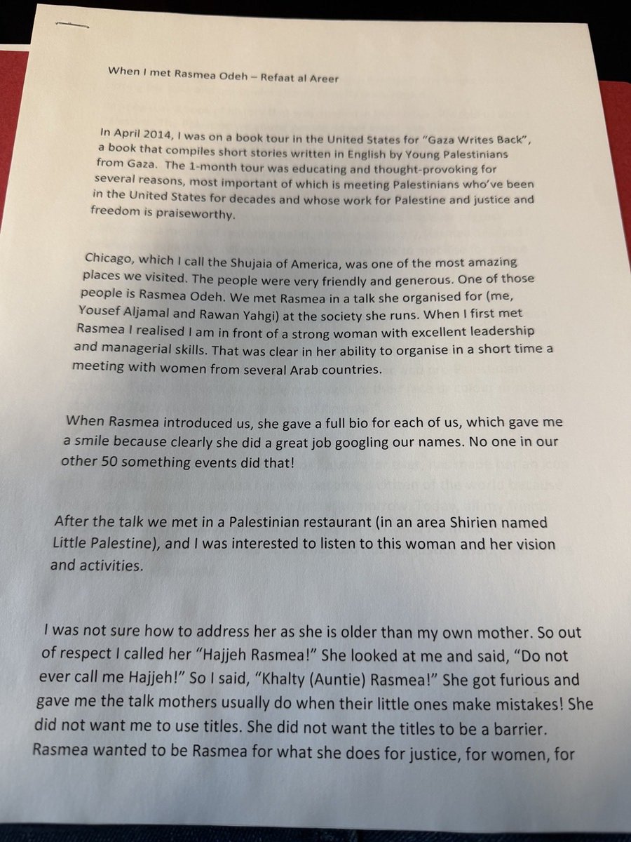 YousefAljamal's tweet photo. A letter Refaat Alareer wrote to Rasmea Odeh, recalling his meeting with her back in 2014 in #Chicago. https://t.co/thObPPQPda