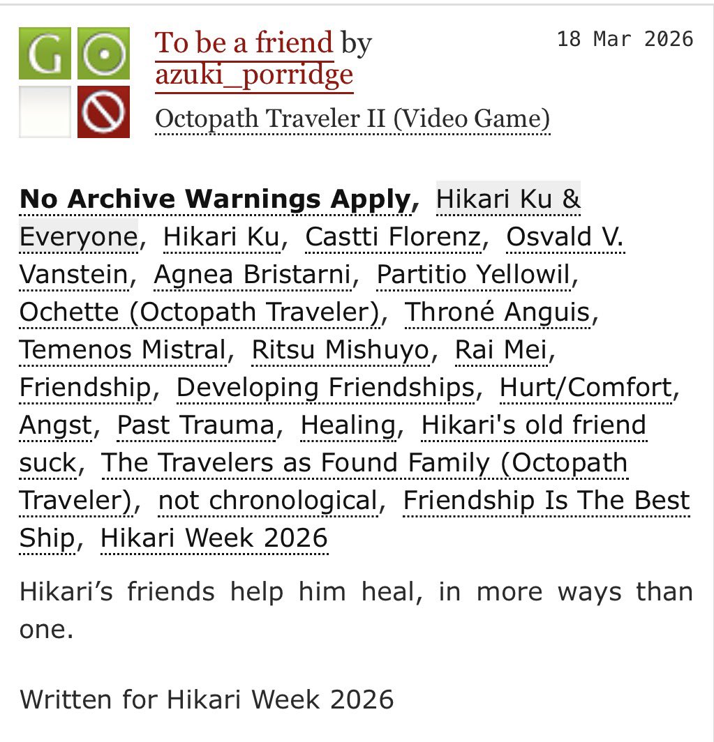 The first chapter of my #HikariWeek2026 fic is finally up! Prompts were betrayal and loss, because it’s totally still Day 1… 🤣 But anyway, hope you all enjoy! 

archiveofourown.org/works/81443321…