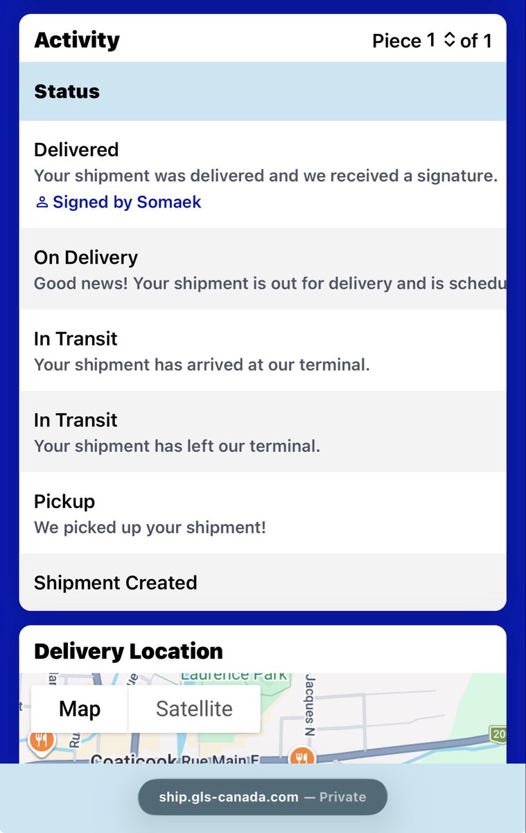 somaeck's tweet photo. I do see a lot of shenanigans from delivery companies like Intelcom, FedEx and DHL but no one has actually signed a package for me and not delivered it quite like @gls_canada. 

Whoever this driver was committed fraud, and a poor one at that. It’s Somaeck… not Somaek. https://t.co/QsYpzK8Ukn