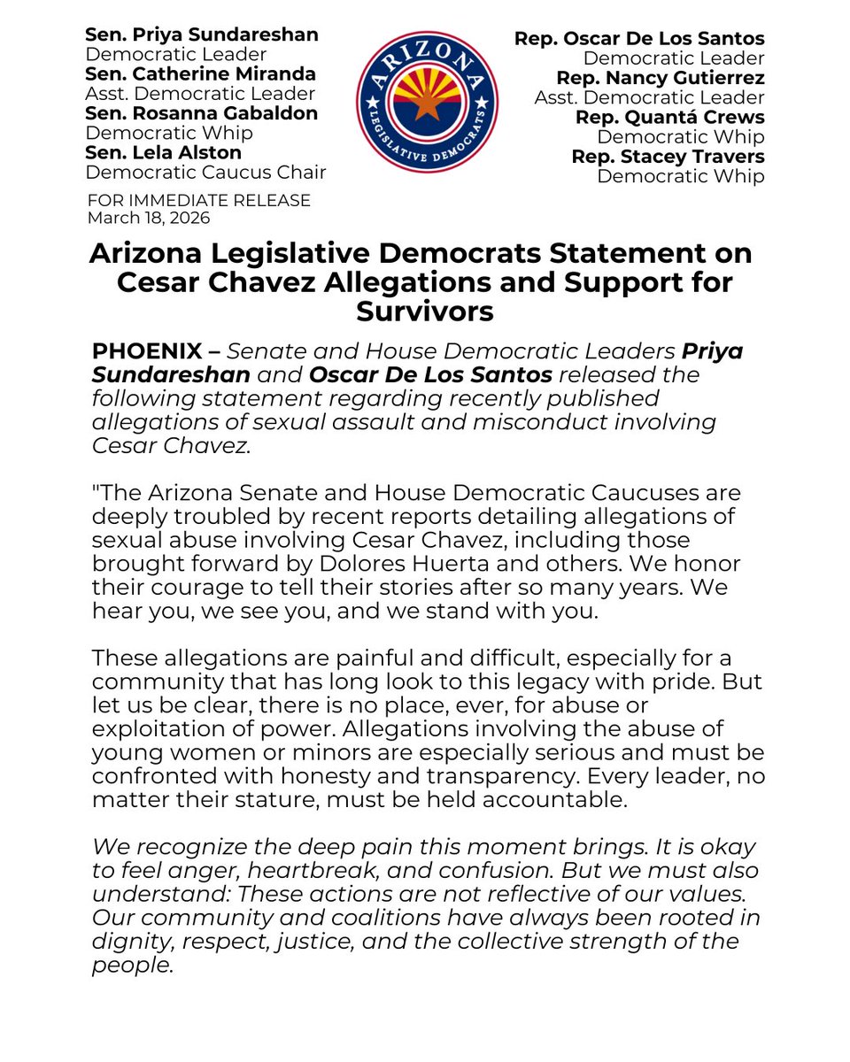 AZSenateDems's tweet image. In light of allegations involving Cesar Chavez, Legislative Democrats want to be clear: we condemn these actions and any abuse of power. We stand with survivors, believe them, and will continue fighting for accountability and justice.

#azleg #democrats #Arizona