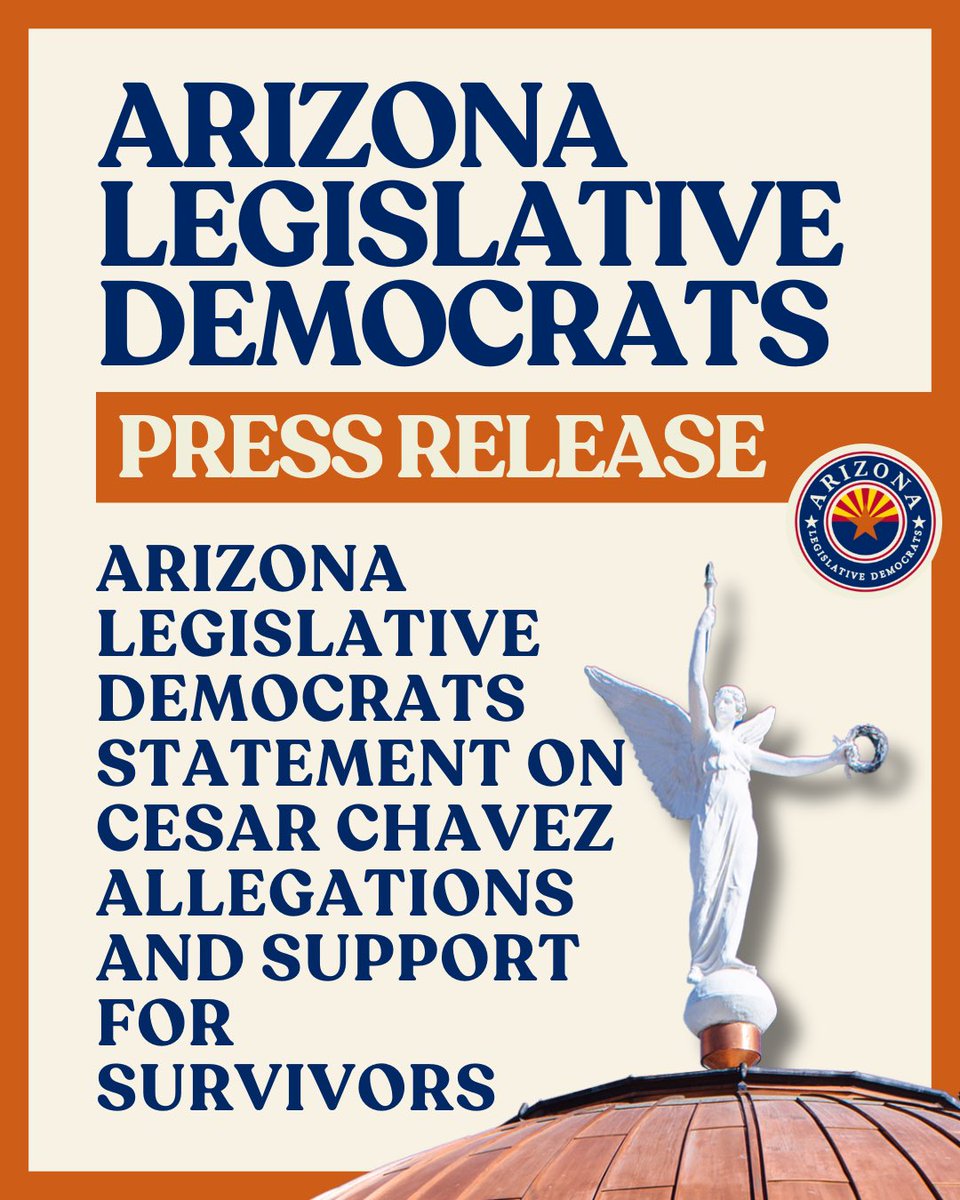 AZSenateDems's tweet image. In light of allegations involving Cesar Chavez, Legislative Democrats want to be clear: we condemn these actions and any abuse of power. We stand with survivors, believe them, and will continue fighting for accountability and justice.

#azleg #democrats #Arizona