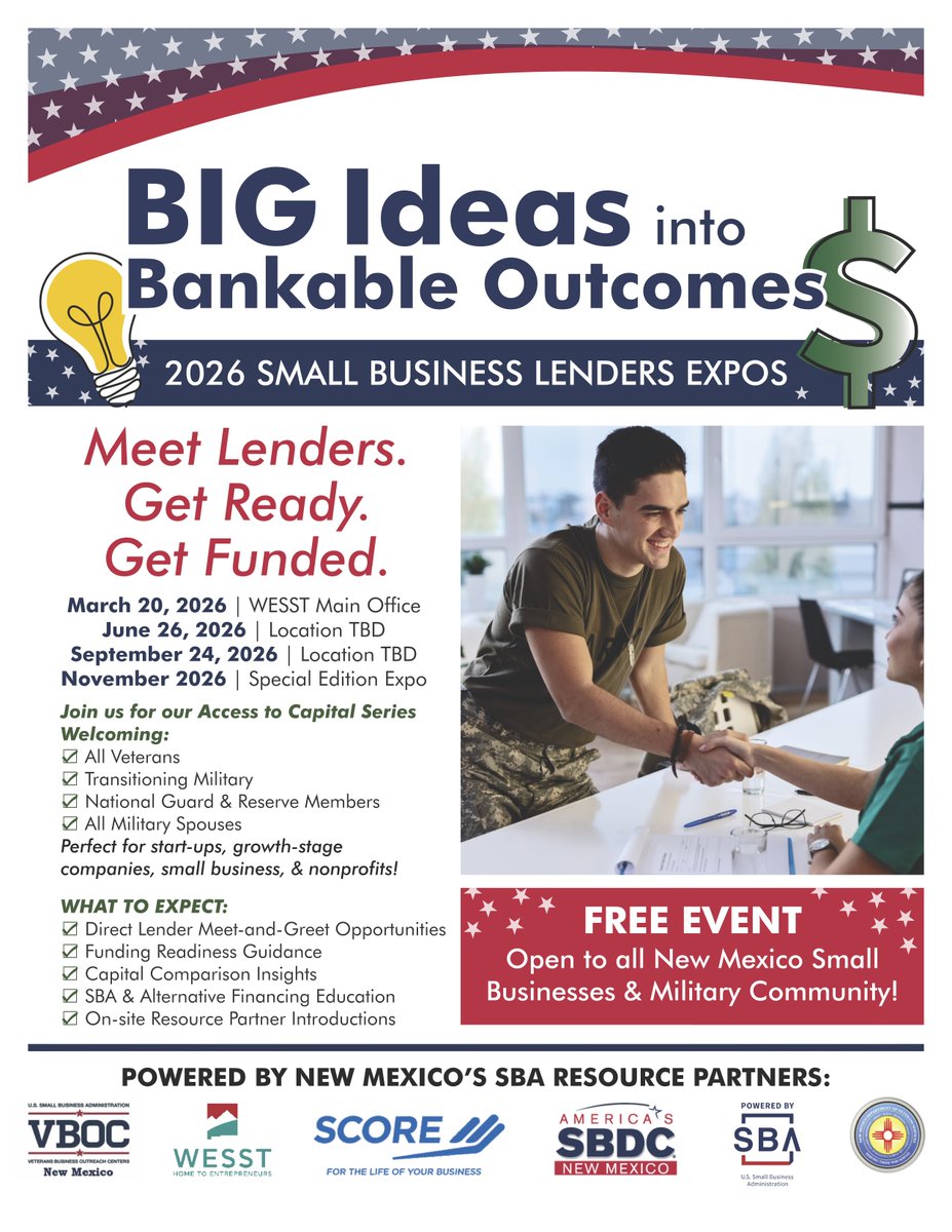 TheLoanFund's tweet photo. Join @TheLoanFund at the free 2026 Small Business Lenders Expos at WESST this Friday in #ABQ. Meet our loan officers and learn about our flexible financing available to NM entrepreneurs &amp; #veteranownedbusiness. https://t.co/FvY0w15iLc