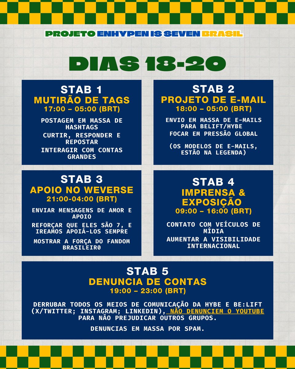 – CRONOGRAMA DE BOICOTE⚠️

ATENÇÃO AS INFOS‼️

RESPECT THE ARTISTS WHO BUILT YOUR EMPIRE
#LET_HEESEUNG_DO_BOTH
#RESPECT_ENHYPEN
#ENHYPEN_IS_7
#BOYCOTT_HYBE_BELIFT