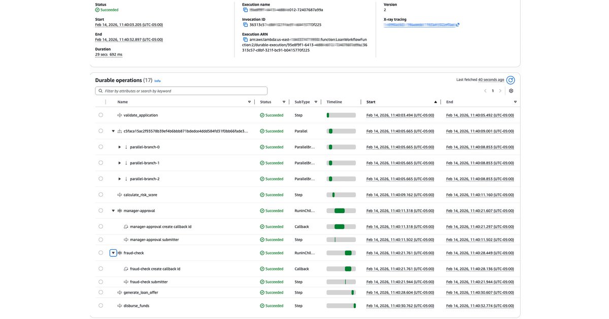 RDarrylR's tweet image. In a recent blog post I dug into AWS #Lambda #DurableFunctions and how they change the approach to long-running serverless workflows. I built a full loan approval demo with checkpoints, parallel execution, callbacks, and a React frontend to put the service through its paces.

The