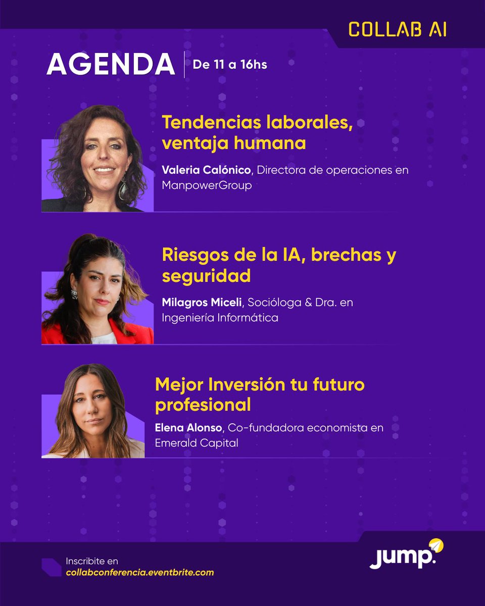 jumpeducacion's tweet photo. 📣 Mañana arranca #CollabAI: Charlas sobre IA, futuro del trabajo y habilidades clave. 🤖
📅 Jueves 19/3
🕙 10 a 16 hs
💻 Virtual
🎟️ Gratis
Conocé la agenda del evento e inscribite gratis en https://t.co/8rSp2A03BN https://t.co/qx3p6QEpTd
