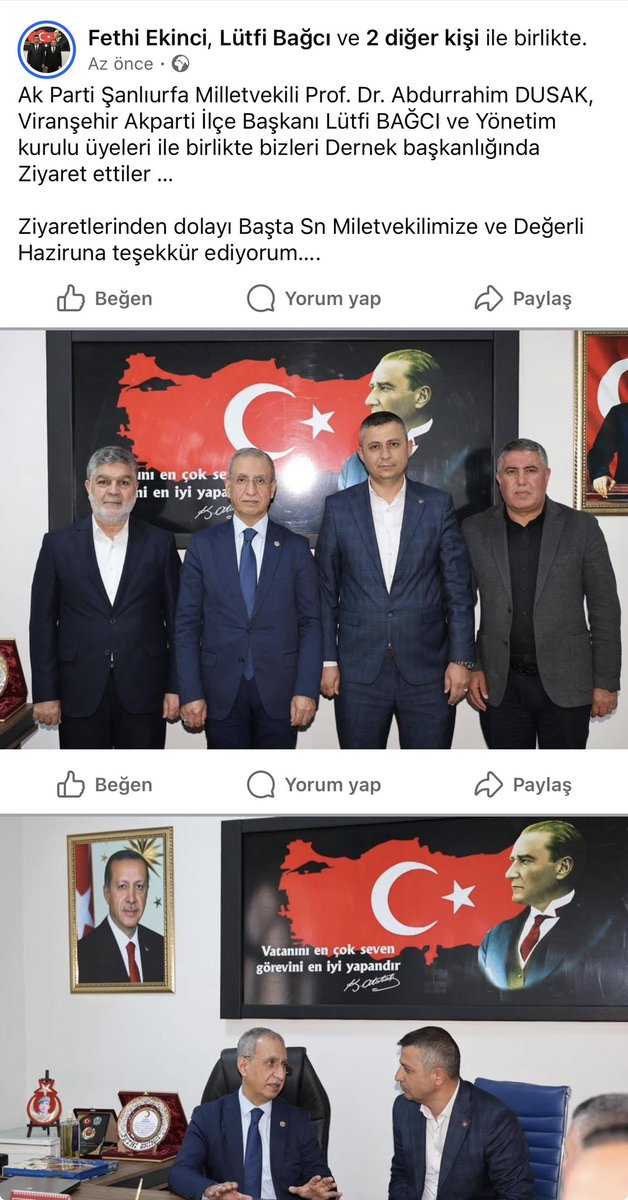 Fethi_ekinci63's tweet photo. Ak Parti Şanlıurfa Milletvekili @ProfDrDusak Viranşehir Akparti İlçe Başkanı @lutfibagci ve Yönetim kurulu üyeleri ile birlikte bizleri Dernek başkanlığında Ziyaret ettiler …

Ziyaretlerinden dolayı Başta Sn Miletvekilimize ve Değerli Haziruna teşekkür ediyorum
@RTErdogan https://t.co/AZLEbCZwHD