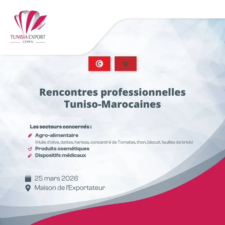 TapNewsAgency's tweet photo. #Tunisia: #CEPEX is hosting a #Moroccan buyers delegation in agri-food, cosmetics & medical device sectors, on March 25, at the Maison de l’Exportateur, in partnership with the Chamber of Commerce, Industry and Services of #Casablanca. #TAP_En https://t.co/bzGsJTBYCk