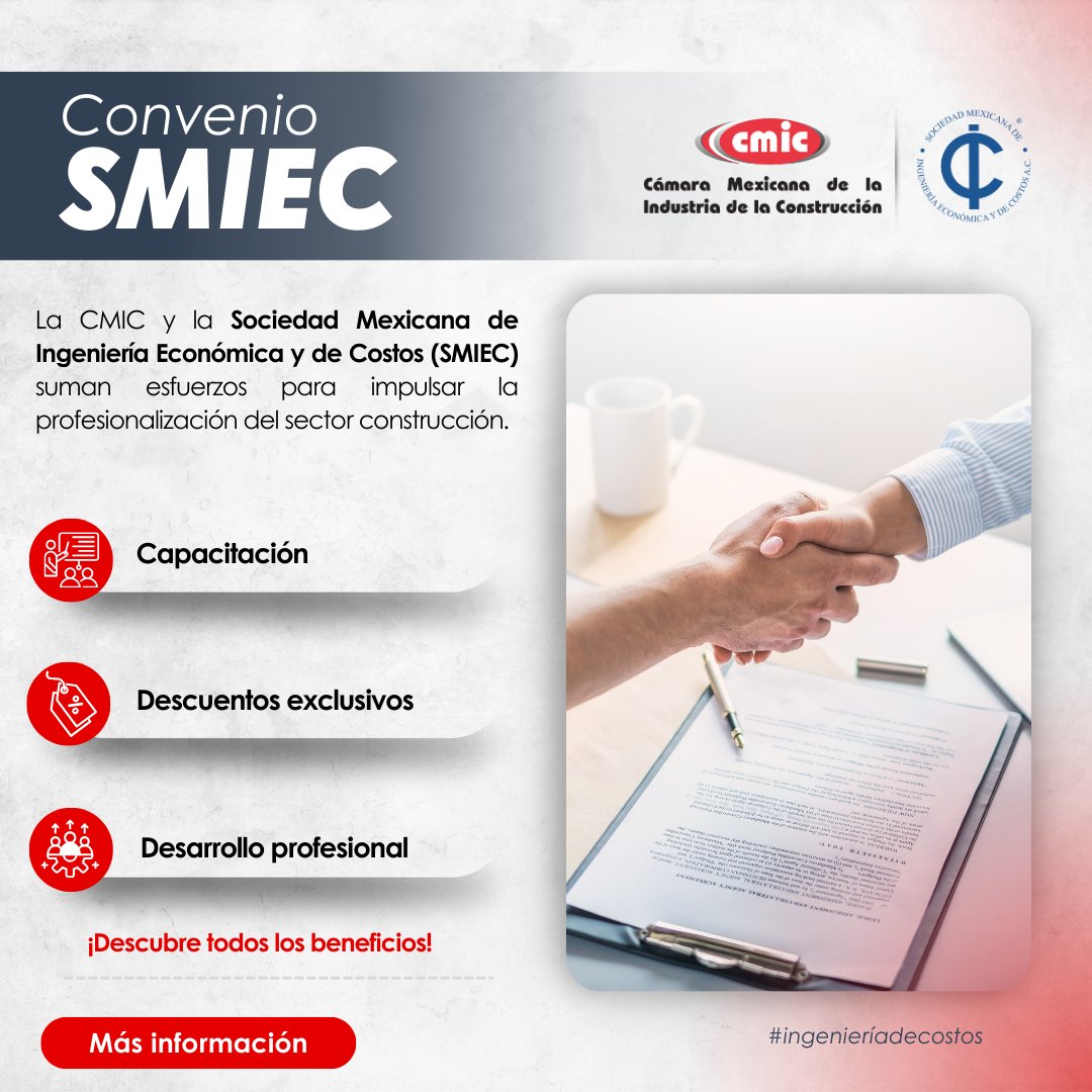 📈 La ingeniería de costos fortalece tu competitividad.
 
Convenio CMIC–SMIEC: capacitación y descuentos en cursos y certificaciones para optimizar tus procesos de obra.
 
 👉 Informes: omar.lopez@cmic.org
 
#CMIC #IngenieríaDeCostos
