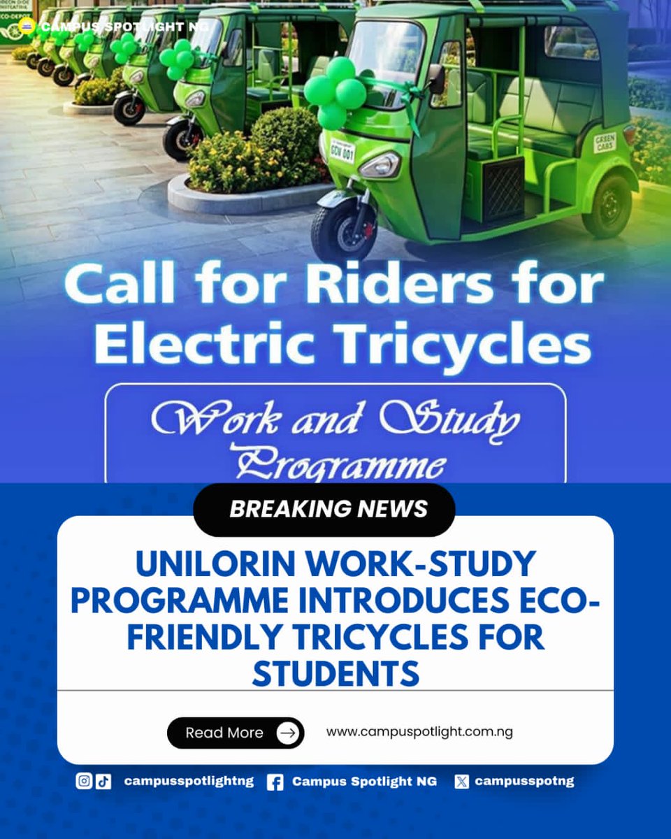 campusspotng's tweet photo. Apply now! Students are invited to join the Electric Tricycles Work-Study Programme—earn while studying and support eco-friendly campus mobility.

Flexible schedules available. Apply here: https://t.co/HDikpbP24Z

#WorkStudy #CampusLife https://t.co/bIEr8iqgYO