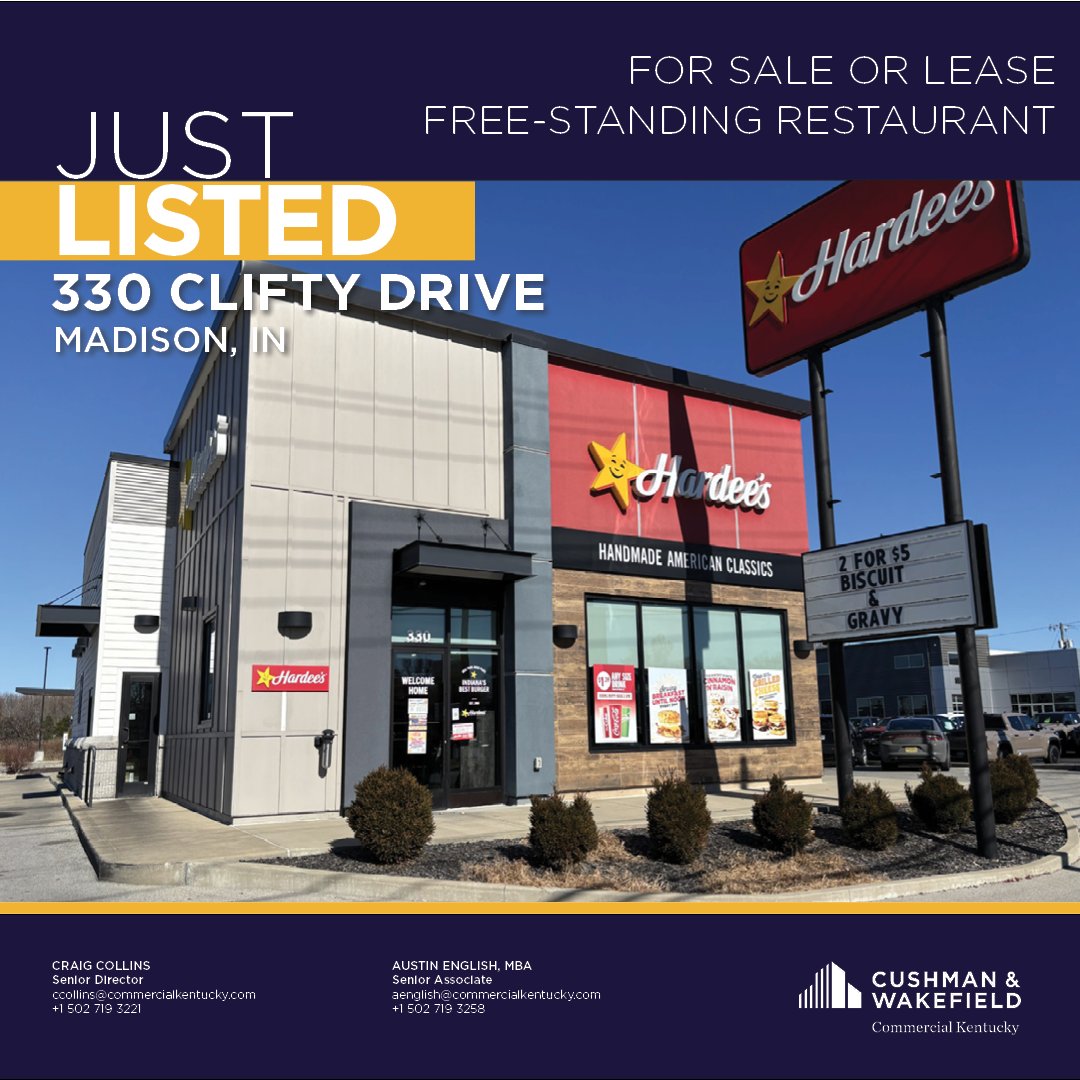 Just Listed - Free-standing Restaurant at 330 Clifty Drive in Madison, IN. This restaurant is equipped with a fully built-out kitchen and a drive-thru constructed for high-volume service. Reach out to Craig Collins or Austin English for more details!
commercialkentucky.com/property-detai…