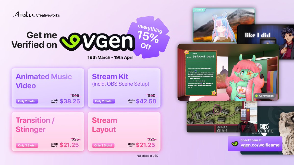 wolfieamel's tweet photo. Anyway, My commissions is all 15% Off right now. so if you need any streaming stuff, feel free to visit me vgen page. at https://t.co/MvKGF1plLk thankies~!
(also thanks for all the RT)
#commissionsopen #commissions #streamingasset #amv https://t.co/NhBW30TKqx