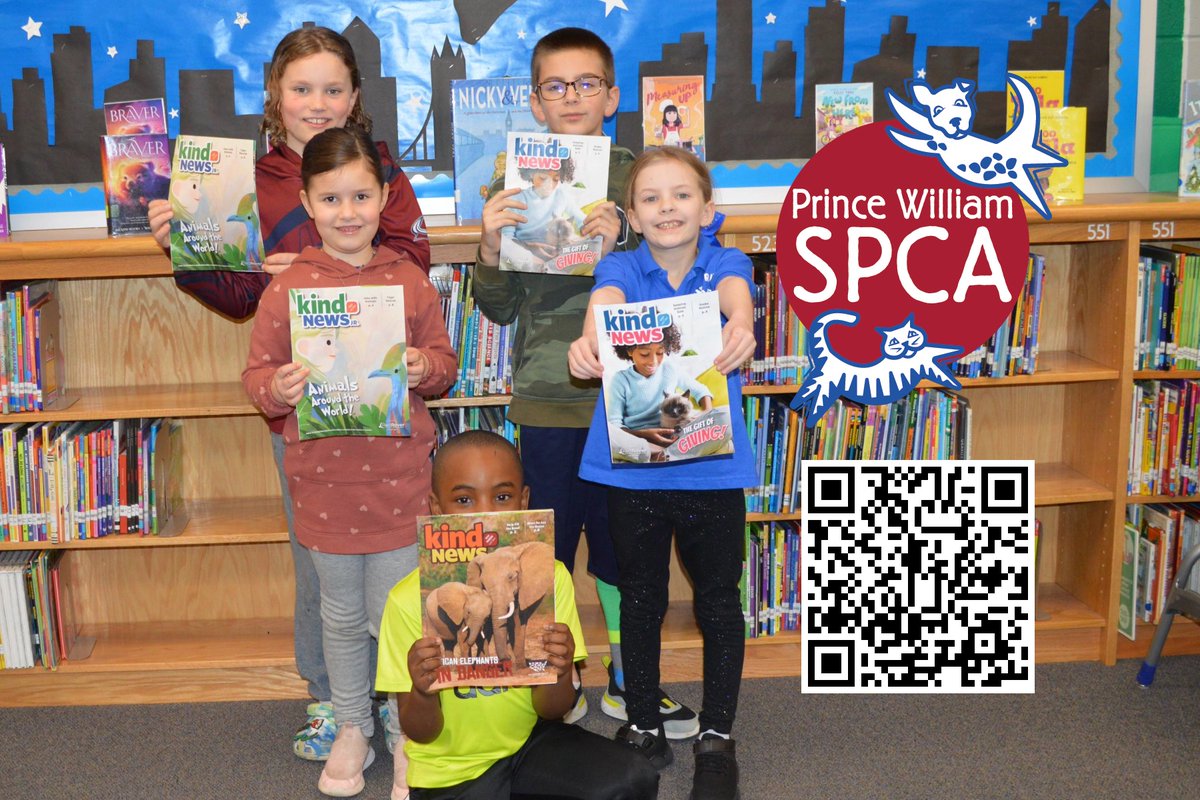 PWSPCA's tweet photo. Kind News Magazine registration is now OPEN for the '26 school year. No cost for schools to participate in this program, but all classrooms must be located in PWC, Manassas City/Park. Teachers must register every year. 
Registration closes June 18, 2026. Sign up with QR. https://t.co/hD7sg8OC68
