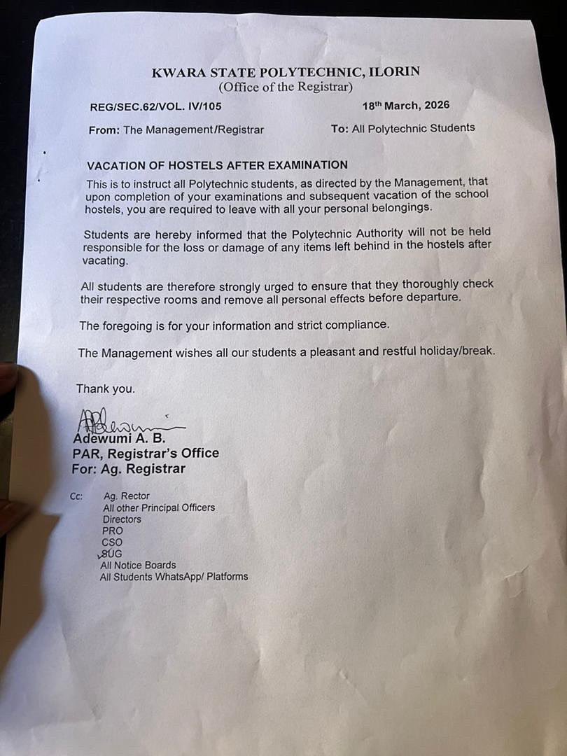 KwarapolySRC's tweet photo. Notice of Vacation of Hostels after Examination https://t.co/C001Kg31XR