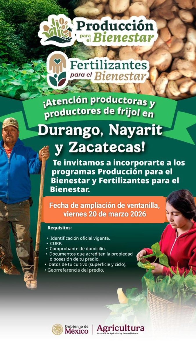 Productor (a) de FRIJOL Pv-2026 en Durango, quedan solo 3 dias y te puedas incorporar a los Programas Producción para el Bienestar (PPB) y Fertilizantes para el Bienestar.

Fecha de cierre 20 de marzo

Acude a tu CADER/DDR más cercano

<a href="/Claudiashein/">Claudia Sheinbaum Pardo</a> <a href="/JulioBerdegue/">Julio Berdegué</a> <a href="/RaulSalgadoSV/">Raúl Salgado</a>