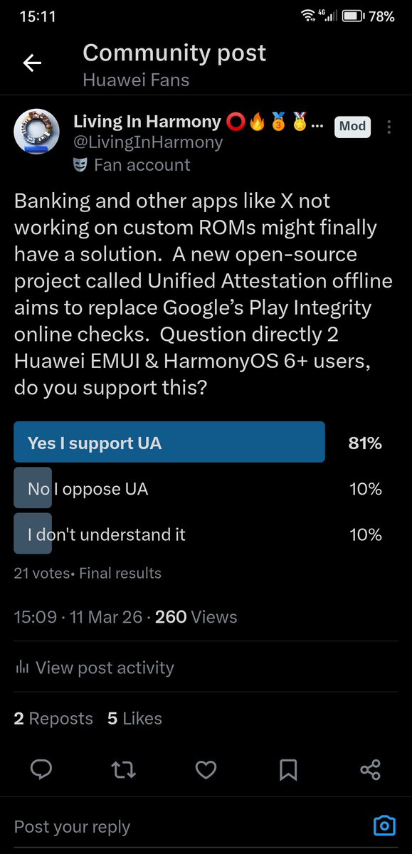 LivingInHarmony's tweet photo. @GrapheneOS The people have spoken on X and majority average users on AOSP and non-AOSP support open source Unified Attestation for Android apps that will benefit custom AOSP ROM compatibility of apks, including containers on non-AOSP. Case closed 
#EndOf #UnifiedAttestation https://t.co/WrC2rVyejJ
