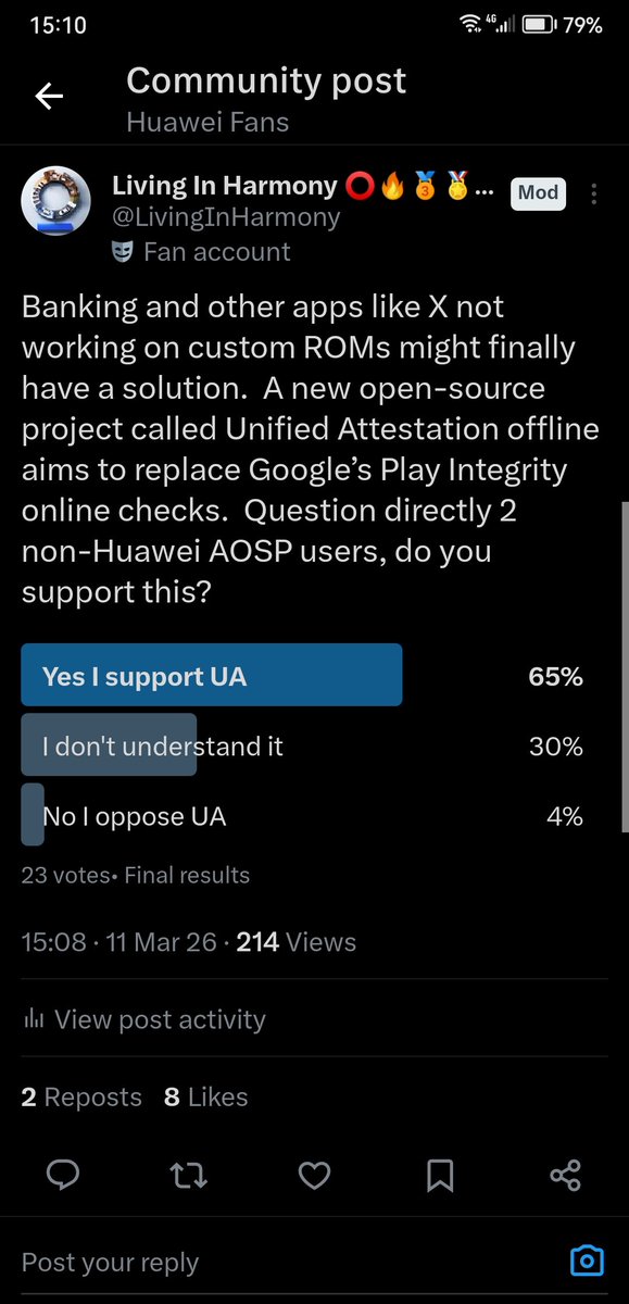 LivingInHarmony's tweet photo. @GrapheneOS The people have spoken on X and majority average users on AOSP and non-AOSP support open source Unified Attestation for Android apps that will benefit custom AOSP ROM compatibility of apks, including containers on non-AOSP. Case closed 
#EndOf #UnifiedAttestation https://t.co/WrC2rVyejJ