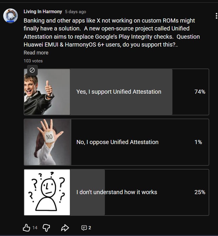 LivingInHarmony's tweet photo. @GrapheneOS The people have spoken on X and majority average users on AOSP and non-AOSP support open source Unified Attestation for Android apps that will benefit custom AOSP ROM compatibility of apks, including containers on non-AOSP. Case closed 
#EndOf #UnifiedAttestation https://t.co/WrC2rVyejJ