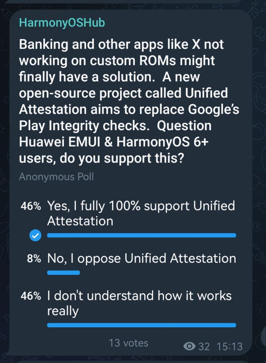 LivingInHarmony's tweet photo. @GrapheneOS The people have spoken on X and majority average users on AOSP and non-AOSP support open source Unified Attestation for Android apps that will benefit custom AOSP ROM compatibility of apks, including containers on non-AOSP. Case closed 
#EndOf #UnifiedAttestation https://t.co/WrC2rVyejJ