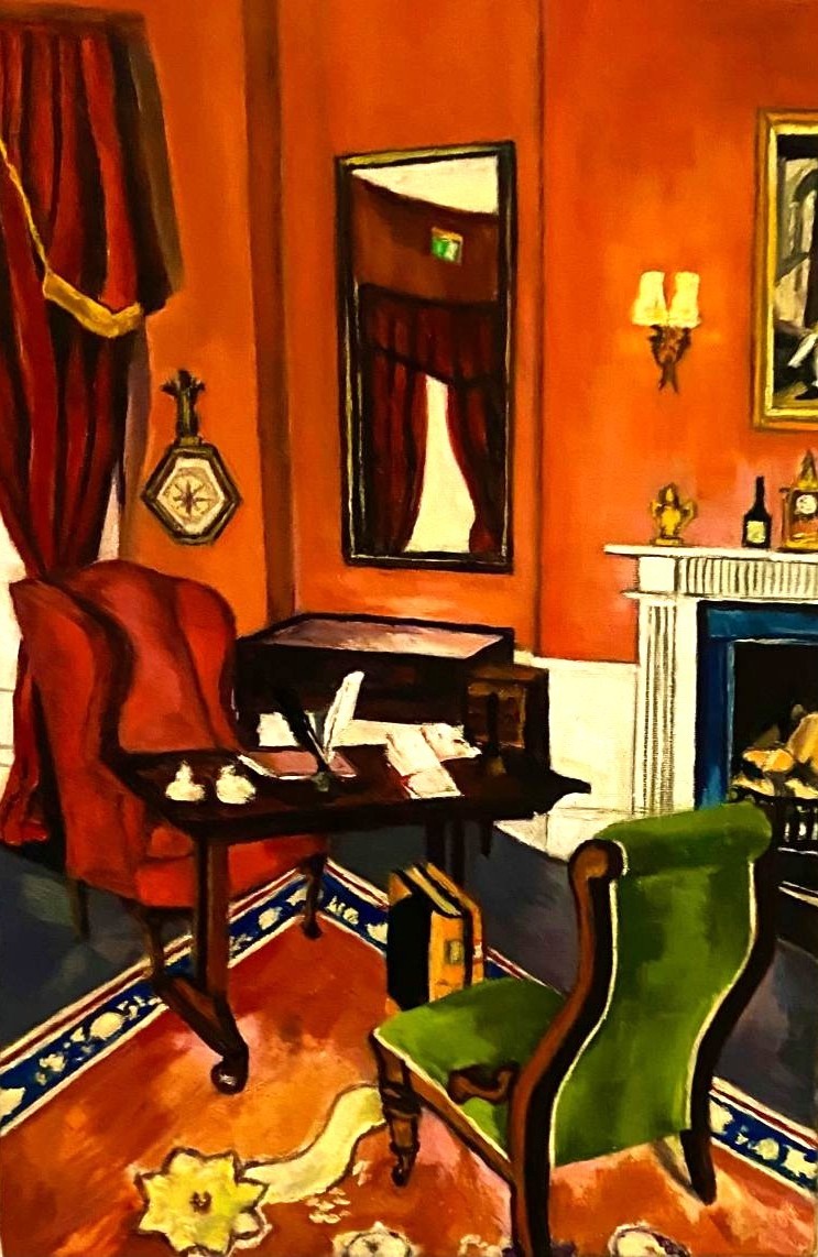 rathfarnhamopw's tweet photo. 'Vintage Suite'  is now OPEN. This collection of paintings by Sylvia Hill explores the beauty of the  Irish “Big House” and other interiors relating to the past.  Wed - Sun until 4 May. Free. 

@DublinsOutdoors 

Image: Sylvia Hill, Marlay House Library https://t.co/IvJVUvfb0h