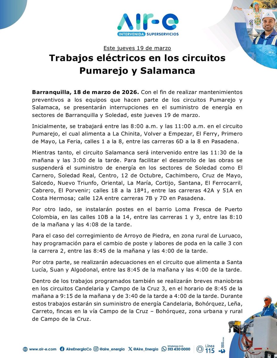 Aire_Energia's tweet image. #MejorasProgramadas en #Atlántico 🌀
Con el propósito de seguir mejorando la calidad del servicio, este jueves 19 de marzo nuestro equipo técnico se desplazará a diferentes zonas para adelantar trabajos en los circuitos Pumarejo y Salamanca. 💡

Estas acciones permitirán