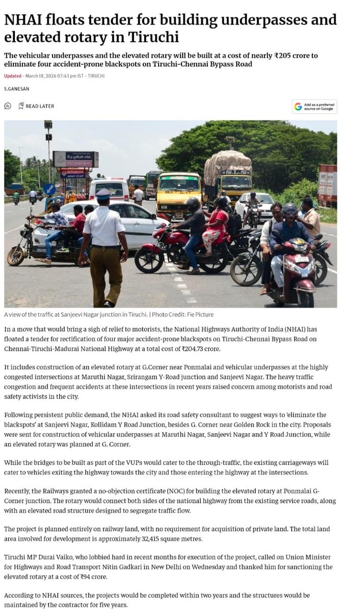 Updatestrichy2's tweet photo. 🚨 Massive Infrastructure Upgrade 🤩 NHAI Floated construction Tender for 3 VUPs (Maruthi Nagar, Srirangam Y Road Junction,Sanjeevi Nagar) and one Elevated Rotory at G corner at Chennai bye pass stretch at the cost of 205 Crs 👏 Many Many Thanks to our MP @duraivaikooffl https://t.co/dQiQehrhfX