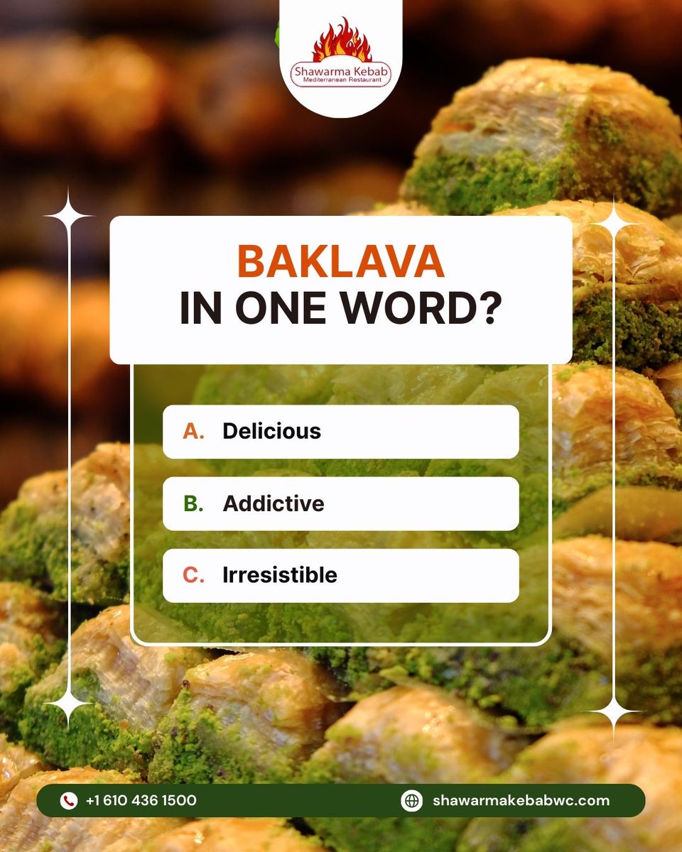 ShawarmaKeb's tweet photo. Baklava in one word?
A) Delicious
B) Addictive
C) Irresistible
Call us now: 610 436 1500
Visit us: 38 E Market St, West Chester, PA, United States, Pennsylvania
#Shawarmakebab #baklavalover #shawarmatime #middleeasternfood #foodieheaven https://t.co/xek0cvILNF