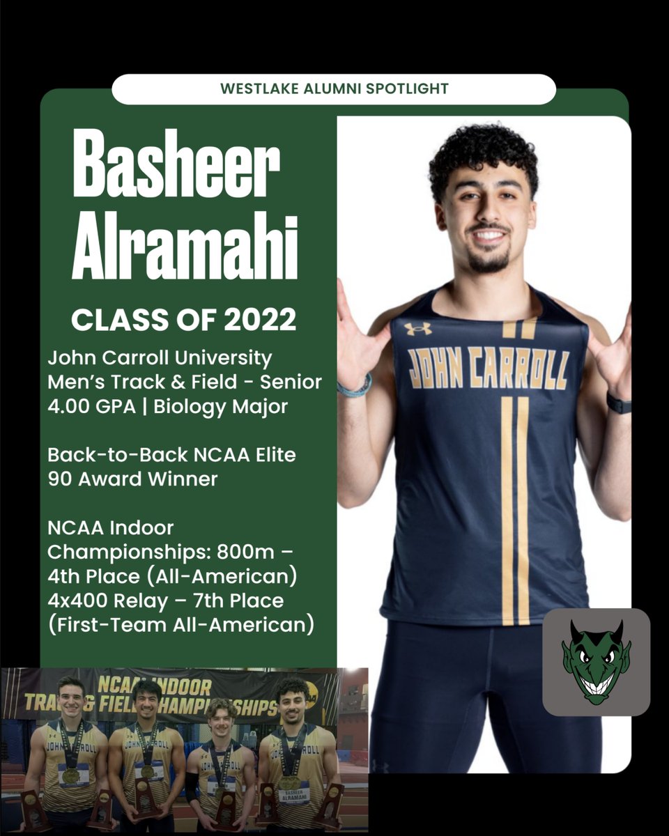 DemonAthletics's tweet photo. Westlake alum Basheer Alramahi (‘22) wins back-to-back NCAA Elite 90 Awards! All-American in 800m & 4x400 relay. Also, Congrats to Tyler Gast (bottom left), son of staff member John Gast, All-American in 400m & 4x400 relay! #DemonPride #EarnTheW https://t.co/bUWy0wXpvc