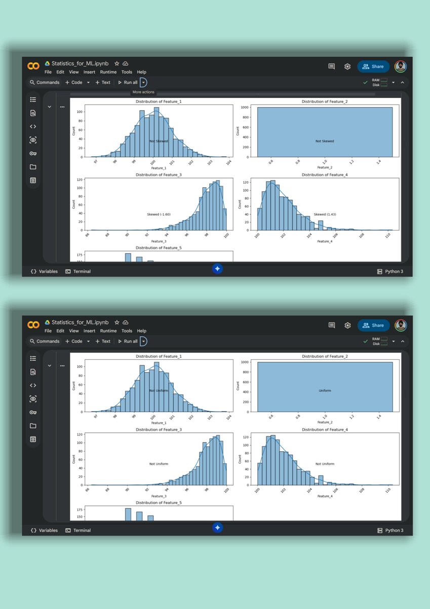 KrishanXAI's tweet photo. Most beginners think histogram = understanding data.

Wrong.

A few plots I ran today:

• Normal → clean, predictable  
• Skewed → hidden bias  
• Uniform → no clear pattern  

The real lesson:

Distribution tells you how your data behaves before modeling.

Ignore this → your model lies.