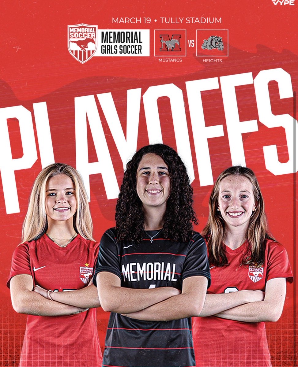 MemGirlsSoccer's tweet photo. Bi-District Playoffs tomorrow at Tully, 6:45! Let’s go #RedNation—show up, show out! Boys game is right before at 5:00 so a 2 for 1 special! @MHSMustangsBC @MHShouston @MustangHardball @MemorialHS_swim @MemorialTennis1 @MHSFootball25 https://t.co/zkhtfv22J4