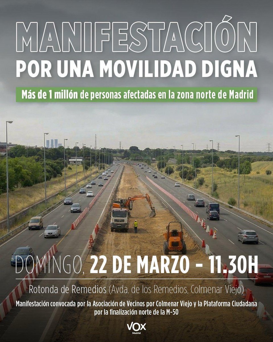 Vox_SotoDelReal's tweet photo. ‼️ Acompaña este domingo 22M a los vecinos de #ColmenarViejo para exigir la finalización de la M-50 y para que se agilicen las obras de la M-607.

🚗 Más de un millón de personas sufren cada día atascos interminables en las carreteras de la zona norte de la Comunidad de Madrid. https://t.co/i4lLXjwV2R