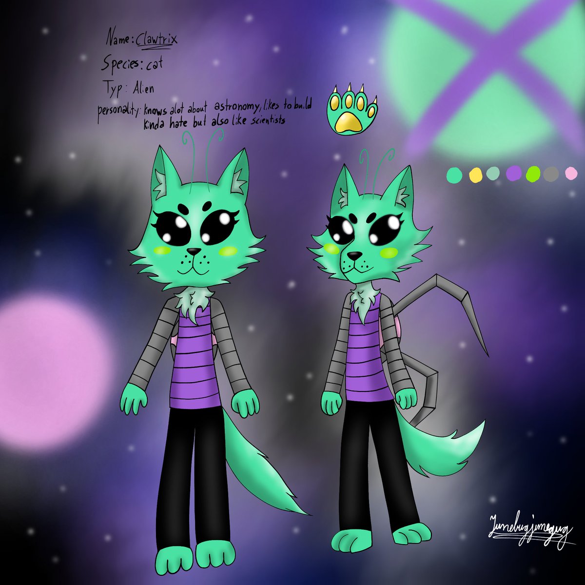 penny63989258's tweet image. This is Clawtrix a alien cat.👽🐱She likes the food on earth and likes to live there. 
#fursona #aliencat #fanart