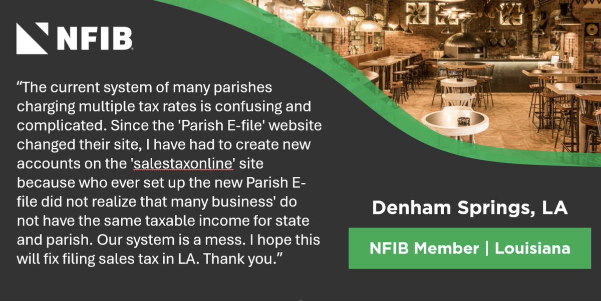 nfib_la's tweet photo. It’s time to simplify Louisiana’s sales tax collection system to help #SmallBusiness #LApol #LAlege https://t.co/knX0zCedOv
