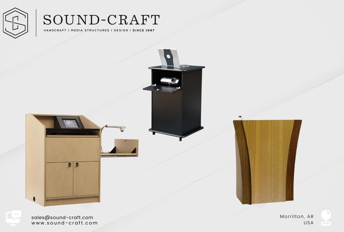 SoundCraftSys's tweet photo. From sleek lecterns that command attention, to functional credenzas that keep your space organized, and versatile media carts that bring technology wherever it’s needed—our presentation furniture is built to support the way you communicate.    #lecterns #podiums #credenza https://t.co/3j2aZHFZ9x