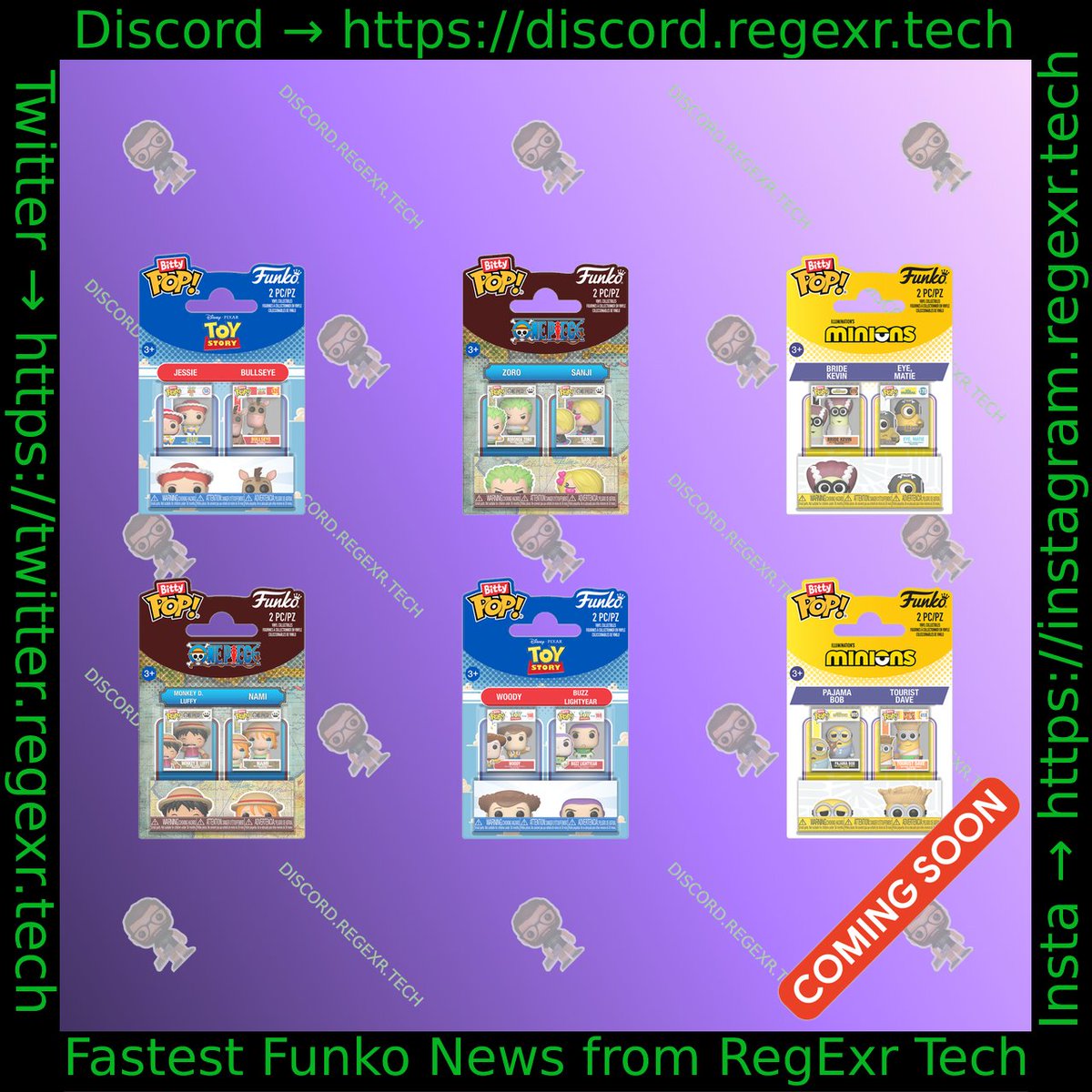 Coming Soon: bitty pop One Piece Bitty Pop! Monkey D. Luffy &amp;amp; Nami 2-Pack, Pixar Woody Buzz Lightyear, Zoro Sanji, Minions Pajama Bob Tourist Dave, Bride Kevin Eye, Matie, Jessie Bullseye PREORDER HERE: reddit.com/r/funkopop/com…