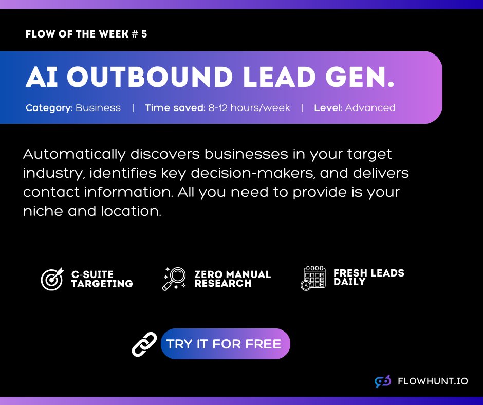 Still copy-pasting emails into spreadsheets until your eyes cross? 😵‍💫 Flow of the Week #5 takes that soul-crushing part out of B2B prospecting. ⚡
Try the Outbound Lead Generation Flow for free: flowhunt.io/ai-tools/outbo…