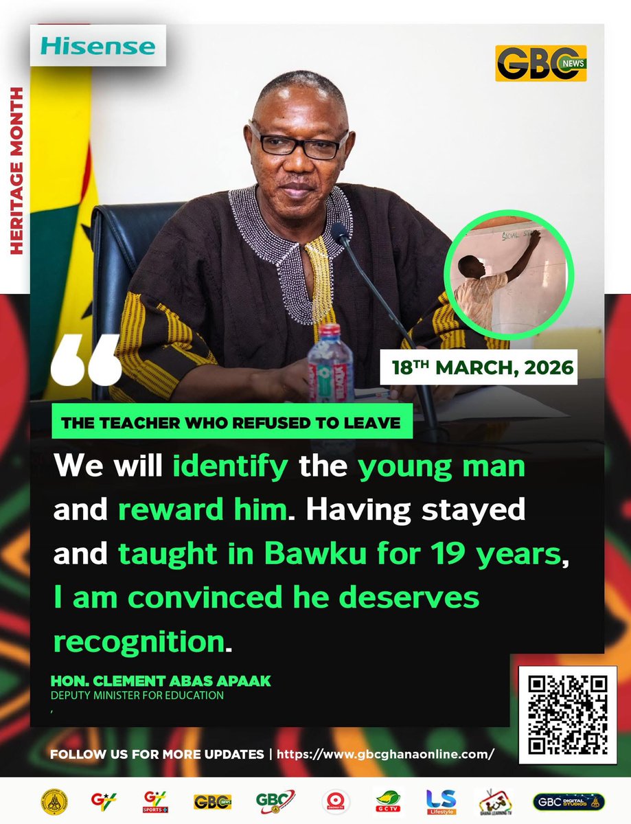 gbcnews_'s tweet photo. BAWKU: THE TEACHER WHO REFUSED TO LEAVE.

“We will identify the young man and reward him. Having stayed and taught in Bawku for 19 years, I am convinced he deserves recognition.”

Clement Apaak (MP)
Deputy Minister for Education.

#gbcnews
#Bawku https://t.co/IyBwyHRHVN