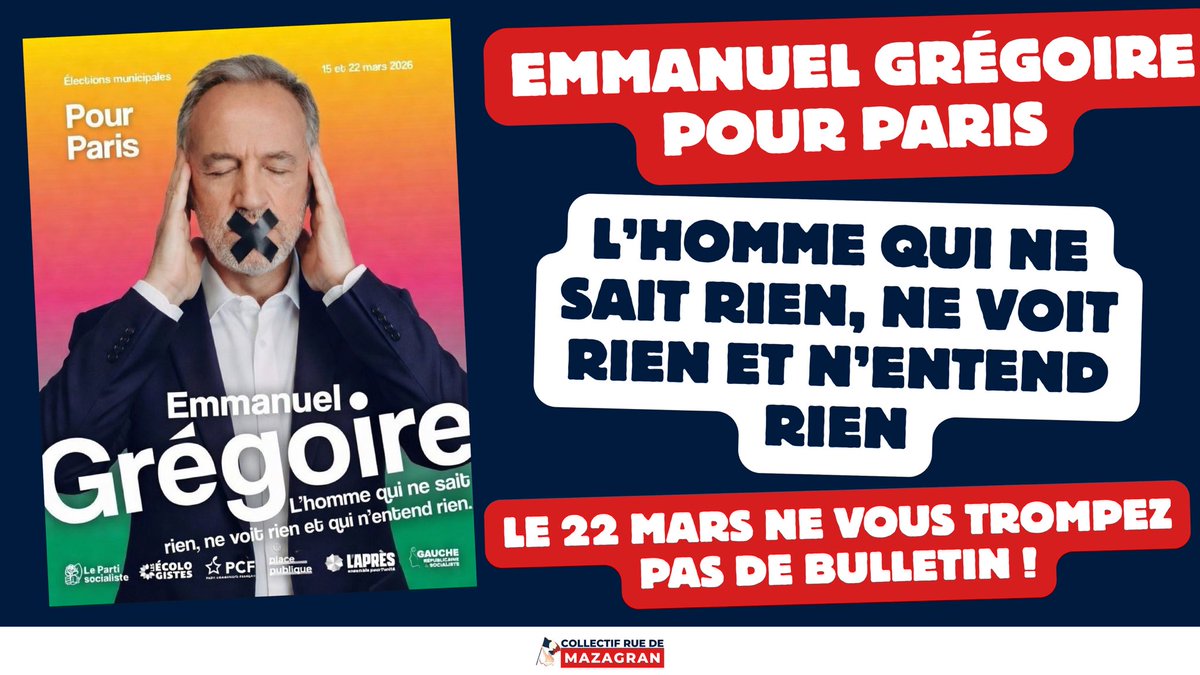 MBN_DIX's tweet photo. #EmmanuelGrégoire pour #Paris : l’homme qui ne sait rien, ne voit rien et n’entend rien !
🗳️ Le 22 mars : ne vous trompez pas de bulletin ! À nous de changer les choses.
#OnChange #Paris #Paris10 #Municipales2026 #Paris2026 https://t.co/7Y1sF3CAKa