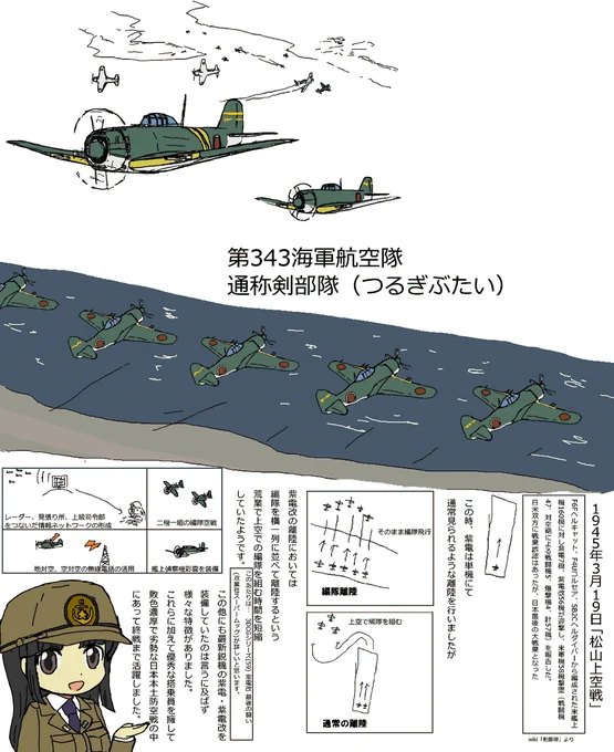 今日は3月19日…
(九州沖航空戦:1945年3月18日～21日)
3月19日に呉軍港を空襲した米艦上機群の一部と松山海軍航空基地に展開する第三四三海軍が松山周辺上空で迎撃して起こった大規模な空中戦のあった日
個人的には生まれが松山なので感慨深いものがあります。
イラストは前にUPした過去絵一部着色 