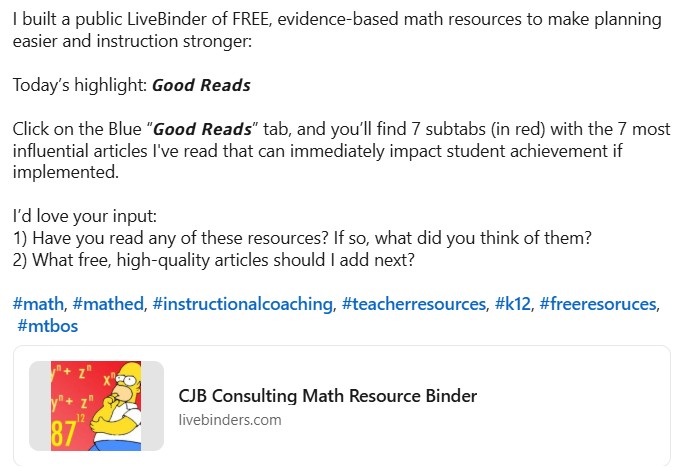 cjbrown24's tweet photo. Livebinder Link: https://t.co/nhw6X8vg5r 

#math, #mathed, #instructionalcoaching, #teacherresources, #k12, #freeresoruces, #mtbos https://t.co/K7VG8HYtpU