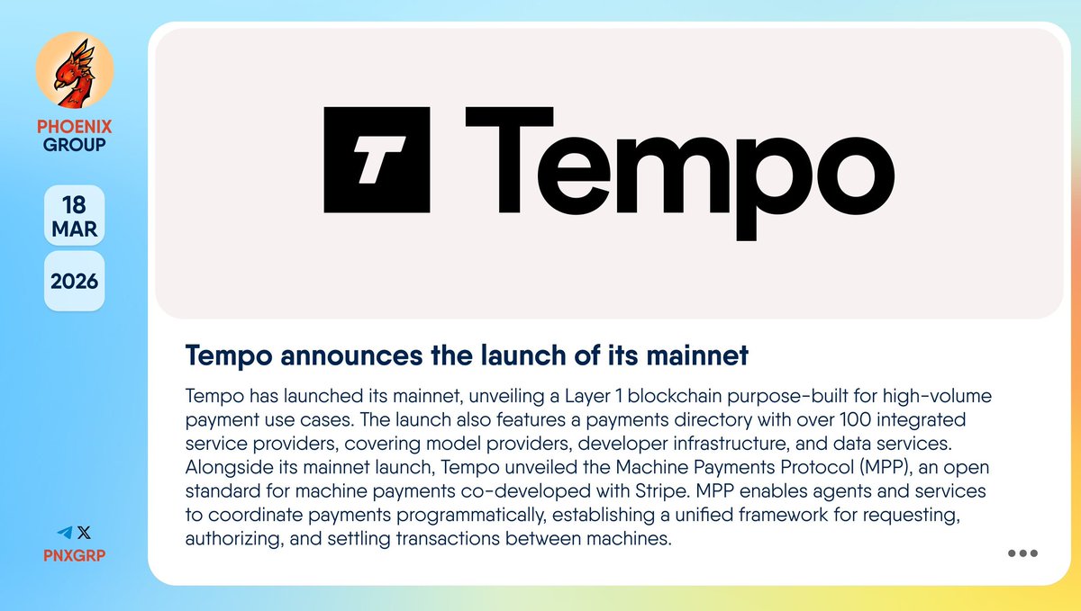 🤑🤑 <a href="/Tempo/">Tempo</a> announces launch of its mainnet

#Tempo has launched its mainnet, unveiling a #Layer1 blockchain purpose-built for high-volume payment use cases. The launch also features a payments directory with over 100 integrated service providers, covering model providers,