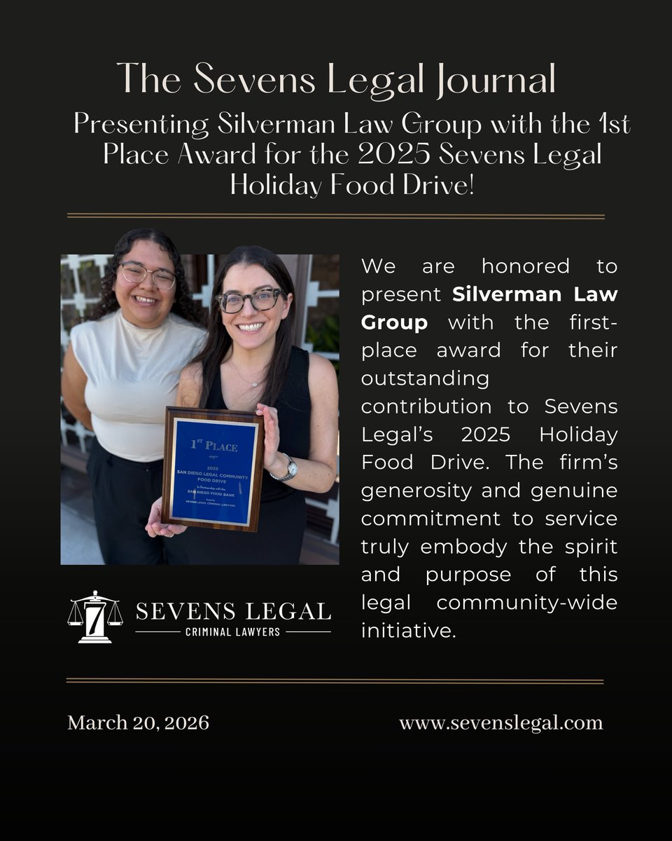 SamGreene_Law's tweet photo. We are honored to present Silverman Law Group with the First-Place plaque for being the top contributor to our San Diego Legal Community Food Drive. Their donation of 406 pounds of food will help support local families facing food insecurity.

#SevensLegalCriminalLawyers #FoodDrive

Sevens Legal Criminal Lawyers is led by Samantha Greene, Certified Criminal Law Specialist (State Bar of California Board of Legal Specialization), Dan Greene, Trial Lawyer of the Year (2019, Criminal Defense Bar Association of San Diego), and Kerry Steigerwalt, AV Preeminent® Rated (Martindale-Hubbell) for 10+ years. Our attorneys bring decades of combined criminal defense experience. Office: San Diego, CA.

Disclaimer: This post is for informational purposes only and does not constitute legal advice or create an attorney-client relationship. Past results do not guarantee future outcomes. Each case is unique and should be evaluated by a qualified attorney. For legal advice, please contact our office directly.