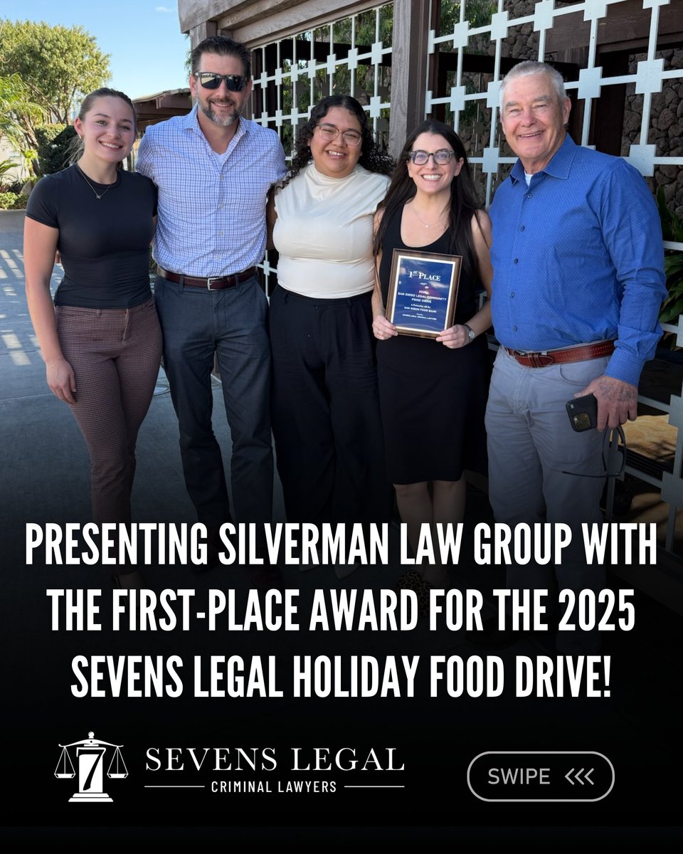 SamGreene_Law's tweet photo. We are honored to present Silverman Law Group with the First-Place plaque for being the top contributor to our San Diego Legal Community Food Drive. Their donation of 406 pounds of food will help support local families facing food insecurity.

#SevensLegalCriminalLawyers #FoodDrive

Sevens Legal Criminal Lawyers is led by Samantha Greene, Certified Criminal Law Specialist (State Bar of California Board of Legal Specialization), Dan Greene, Trial Lawyer of the Year (2019, Criminal Defense Bar Association of San Diego), and Kerry Steigerwalt, AV Preeminent® Rated (Martindale-Hubbell) for 10+ years. Our attorneys bring decades of combined criminal defense experience. Office: San Diego, CA.

Disclaimer: This post is for informational purposes only and does not constitute legal advice or create an attorney-client relationship. Past results do not guarantee future outcomes. Each case is unique and should be evaluated by a qualified attorney. For legal advice, please contact our office directly.