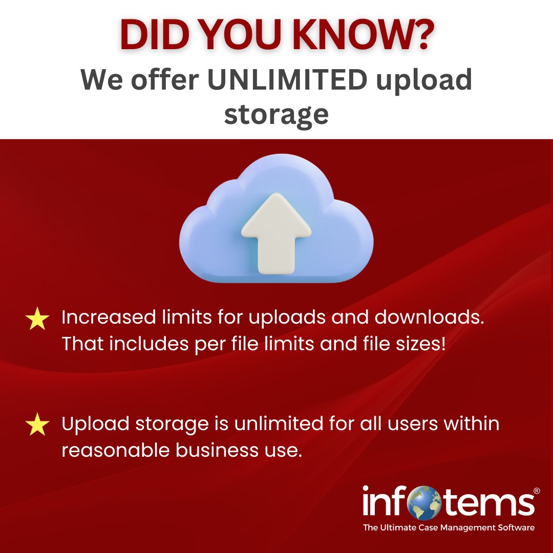 Infotems's tweet photo. Running out of storage shouldn't slow you down.

Luckily we offer all users unlimited upload storage! Upload documents, images, attachments &amp; more with ease 🙌

Sign up for a demo today at https://t.co/kSsaOJk43Q and learn how we take care of the heavy lifting for you! #legaltech https://t.co/fwa6tnWQl6