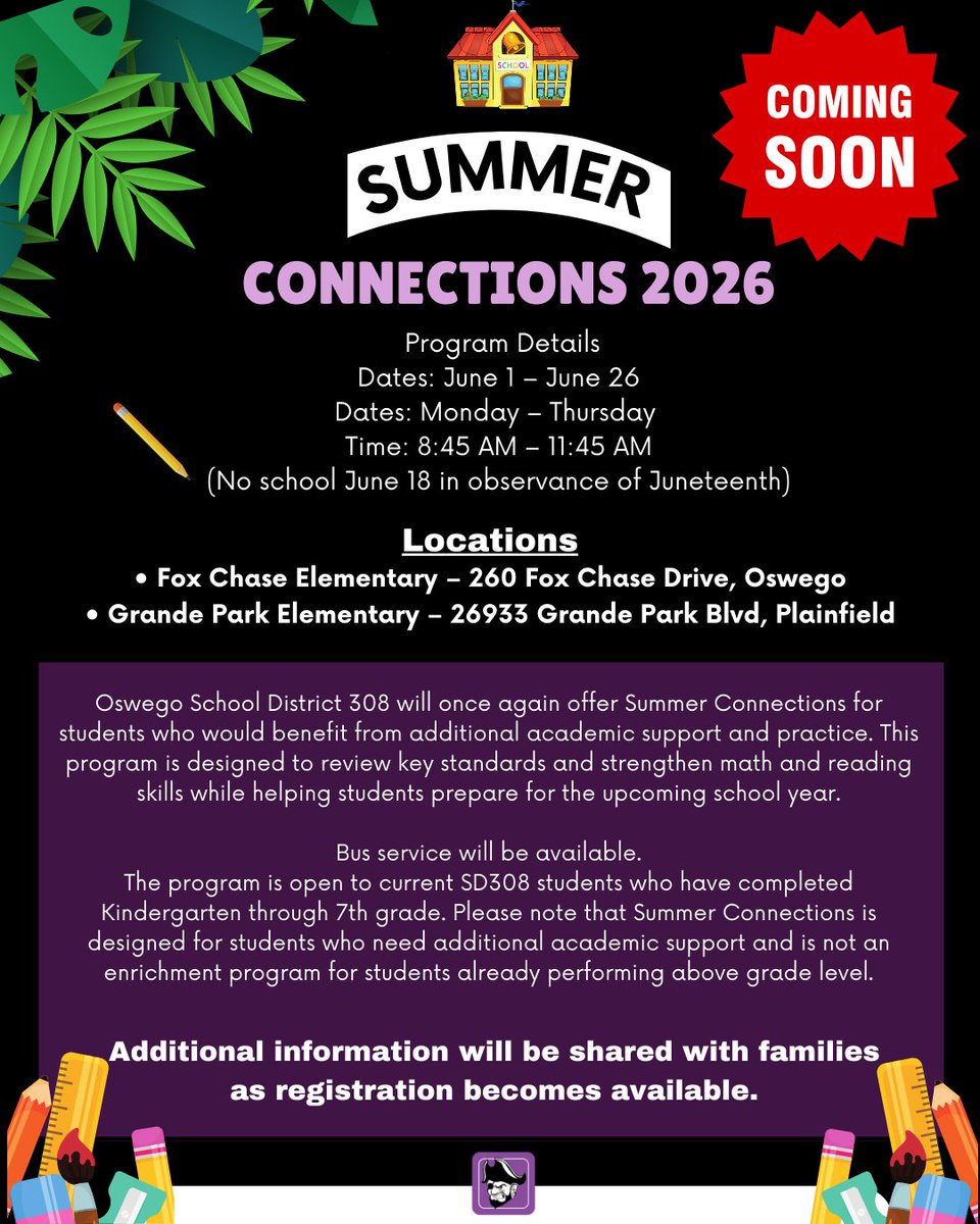 Summer Connections 2026 is coming soon. Take a look at the details in the attachment. We’ll share more information with families when registration becomes available.