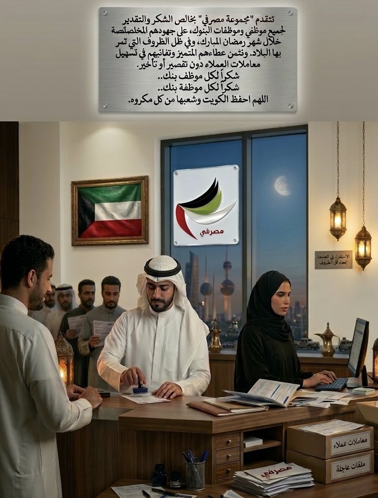 almasrafi's tweet photo. تتقدم "مجموعة مصرفي" بخالص الشكر والتقدير لجميع موظفي وموظفات البنوك، على جهودهم المخلصة خلال شهر رمضان المبارك، وفي ظل الظروف التي تمر بها البلاد. ونثمن عطاءهم المتميز وتفانيهم في تسهيل معاملات العملاء دون تقصير أو تأخير.
شكراً لكل موظف بنك..
شكراً لكل موظفة بنك..
اللهم احفظ الكويت وشعبها من كل مكروه.