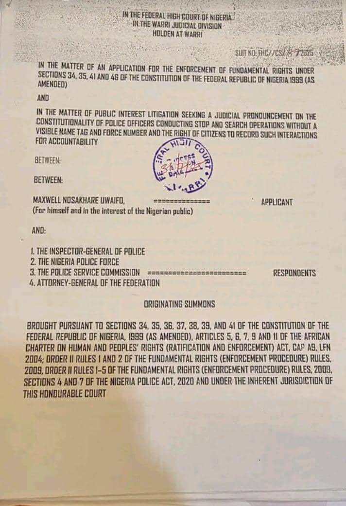 YOU CAN NOW RECORD POLICE,  COURT HAS MADE IT CLEAR*
Yesterday at the Federal High Court sitting in Warri, before Honourable Justice H. A. Nganjiwa.
The Court has now settled it.
1. You can record police officers performing their duties in public
2. Police officers must wear name