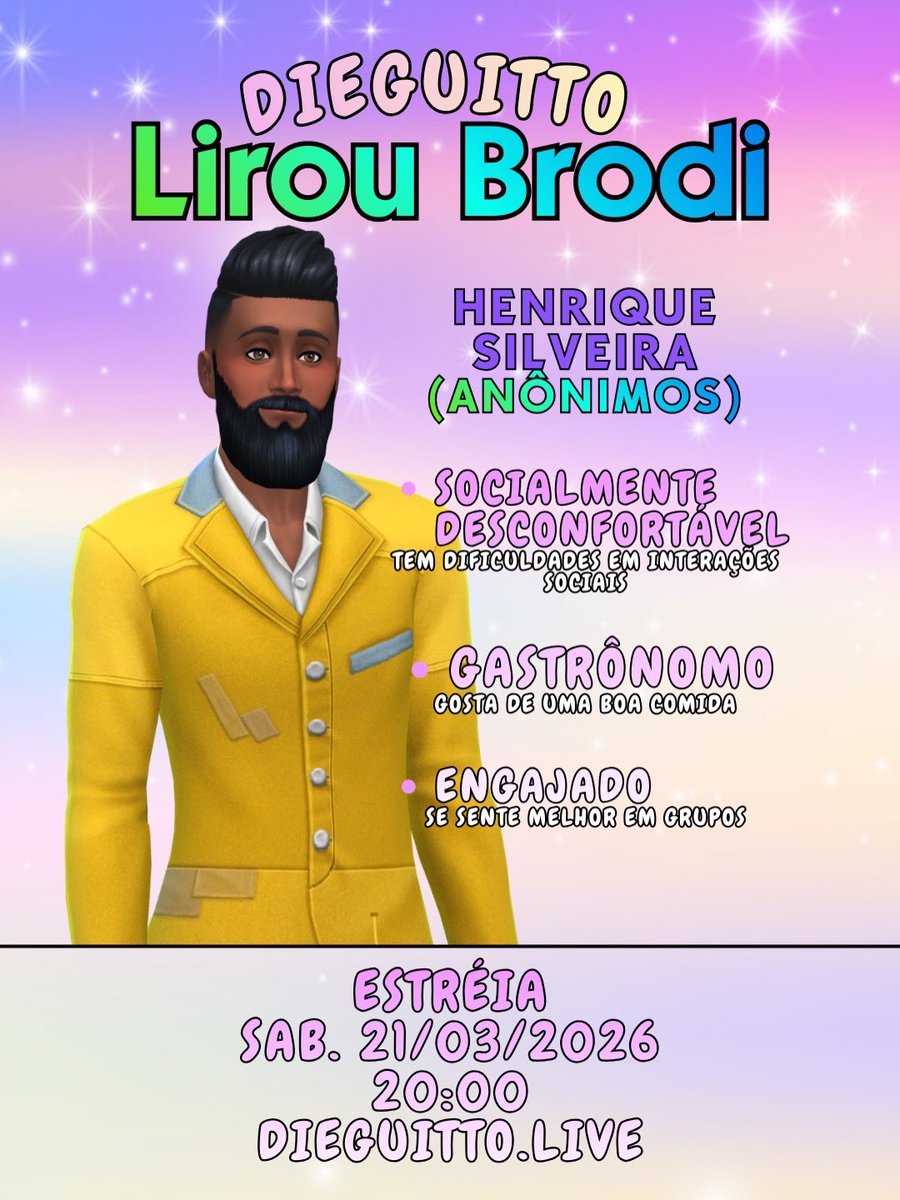 dieguitto100's tweet photo. Participantes do Lirou Brodi (parte 1)
Conheçam alguns dos participantes do nosso reality Lirou Brodi!
Estreia 21 de março às 20h em https://t.co/8rZaWq1eC9
#LirouBrodi #streamerbr #thesims4 #bbb #dieguitto https://t.co/vd7B9nWLBa