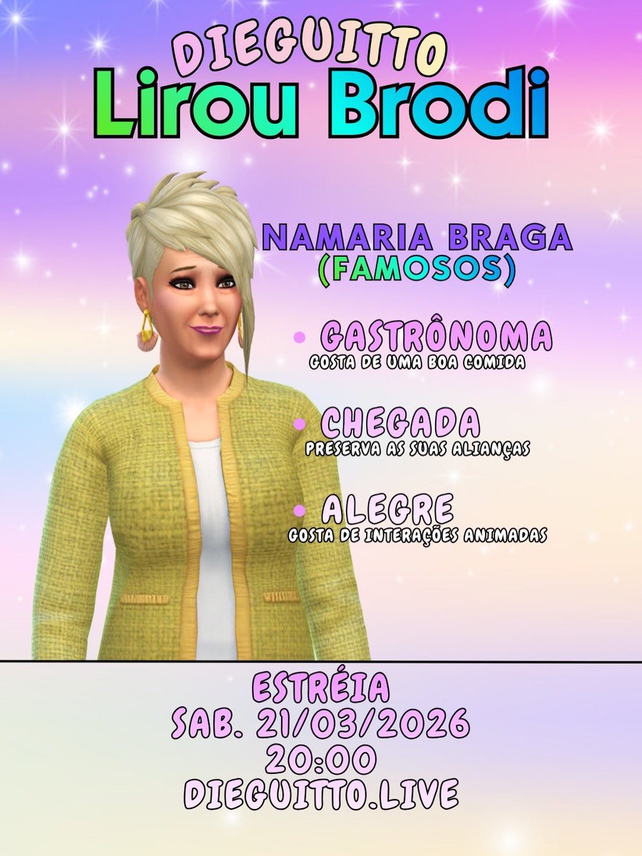 dieguitto100's tweet photo. Participantes do Lirou Brodi (parte 1)
Conheçam alguns dos participantes do nosso reality Lirou Brodi!
Estreia 21 de março às 20h em https://t.co/8rZaWq1eC9
#LirouBrodi #streamerbr #thesims4 #bbb #dieguitto https://t.co/vd7B9nWLBa
