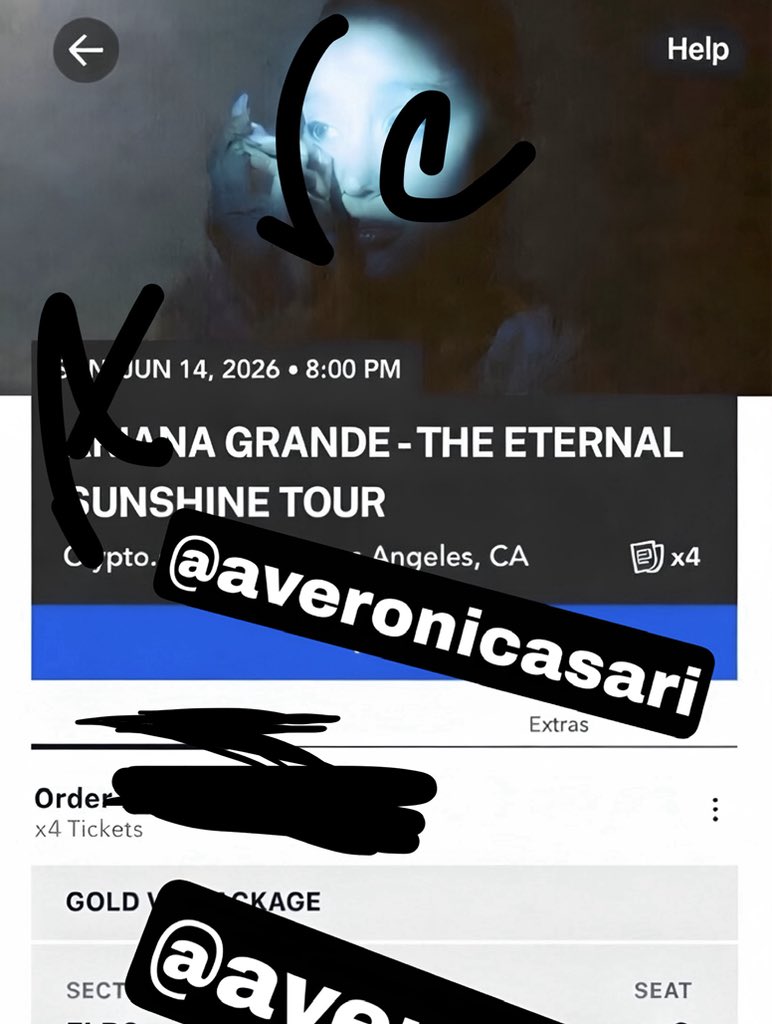 AVeronicaSari's tweet photo. WTS GOLD VIP PACKAGE FLOOR tickets 

To Ariana Grande Eternal Sunshine Tour Concert at https://t.co/L0pcYP6laQ Arena, Los Angeles CA 

On June 14 , 2026

lmk if needed!!

Going for cheap

Willing to meet up

🏷️Eternal Sunshine Tour, wtt, wtb, iso ticket 1 2 3 4 fv face value… https://t.co/wWF1S0tChf