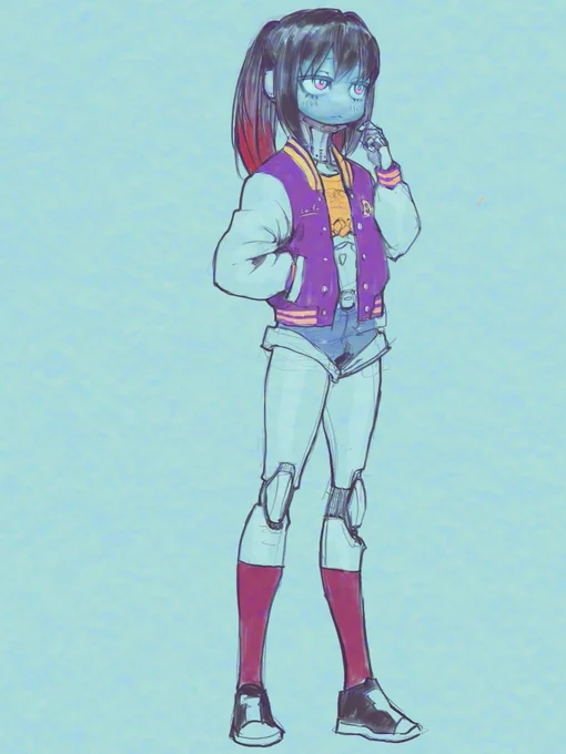 #1日1ラクガキ 今日もミルキーハイウェイおよびサブウェイのキャラデザ研究 靴下を臙脂色にするのは意外と難易度高いと思う ツインテの毛色と合わせてる? 好き ナルホドくんのネクタイをピンクにするのも難易度高いと思う 好き